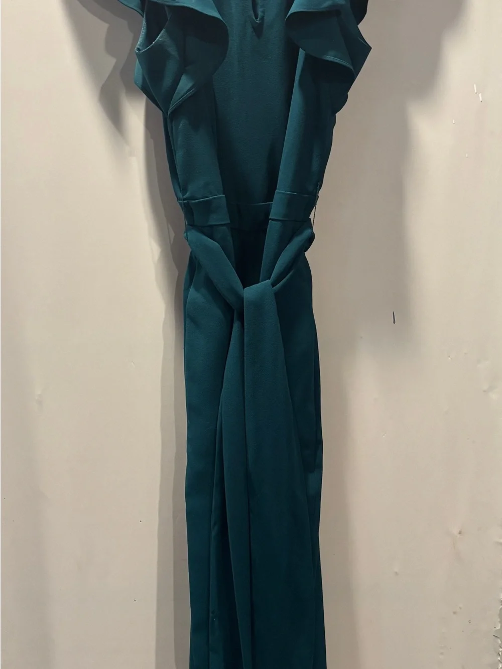 J.Crew Ruffle Sleeve Jumpsuit 365 Crepe Green Teal Wide Leg Size 0